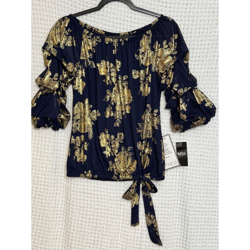 MSK Navy Blue Gold Floral Tie Front Off Shoulder Ruffle Sleeve Blouse‎ Top M